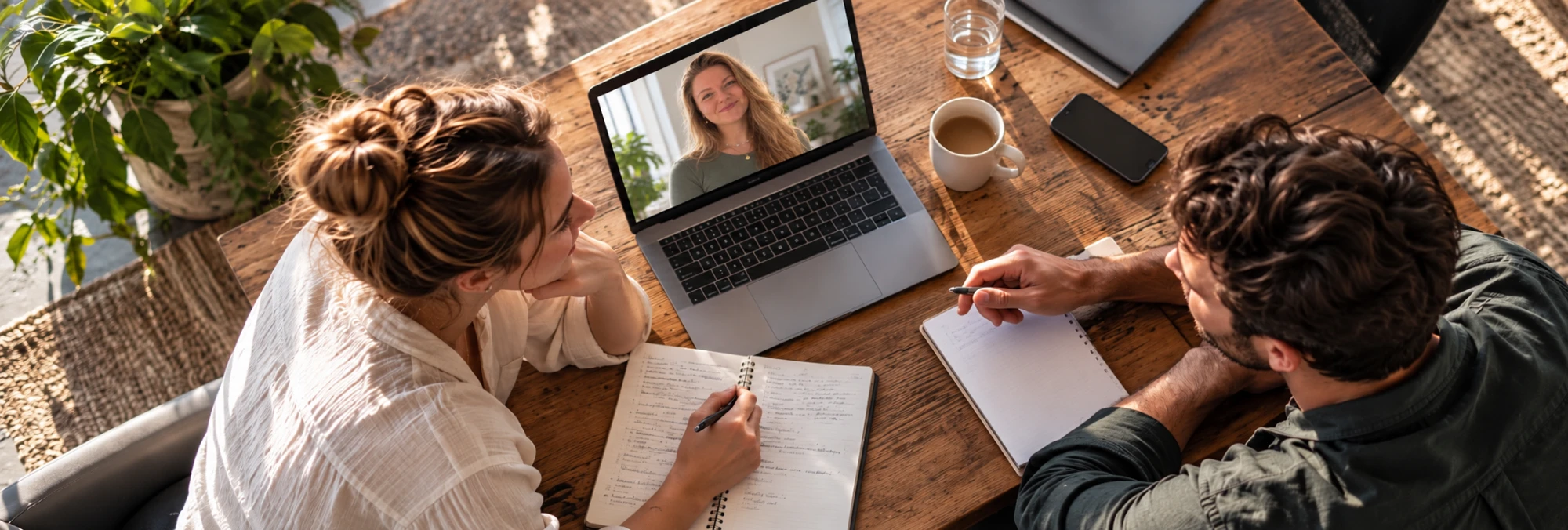Zwei Personen sitzen am Tisch, machen sich Notizen und sprechen per Videocall mit Jana Bursy